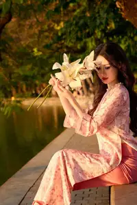 Gentle Vietnamese Beauty: Pink Ao Dai by the Lake, with Pure Lilies-18