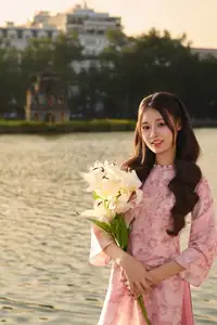 Gentle Vietnamese Beauty: Pink Ao Dai by the Lake, with Pure Lilies-3