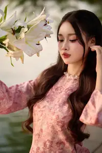 Gentle Vietnamese Beauty: Pink Ao Dai by the Lake, with Pure Lilies-6