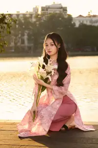 Gentle Vietnamese Beauty: Pink Ao Dai by the Lake, with Pure Lilies-9