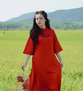 Discover the Serene Beauty: Vietnamese Girl in Red Ao Dai Amidst Green Rice Fields-12