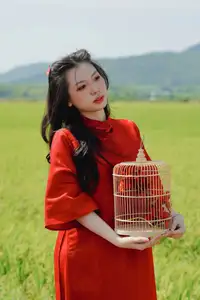 Discover the Serene Beauty: Vietnamese Girl in Red Ao Dai Amidst Green Rice Fields-9