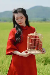 Discover the Serene Beauty: Vietnamese Girl in Red Ao Dai Amidst Green Rice Fields-6