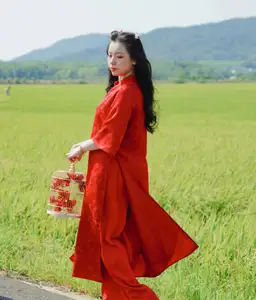 Discover the Serene Beauty: Vietnamese Girl in Red Ao Dai Amidst Green Rice Fields-15