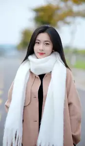 Captivating Autumn Winter Charm: Pensive Girl with Pure White Scarf, Elegant Street Style-1