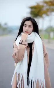 Captivating Autumn Winter Charm: Pensive Girl with Pure White Scarf, Elegant Street Style-6