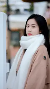 Captivating Autumn Winter Charm: Pensive Girl with Pure White Scarf, Elegant Street Style-7