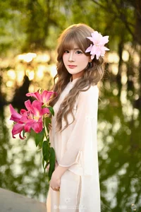 Poetic Muse in White Dress with Pink Lilies-0