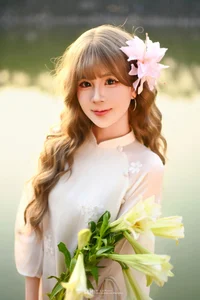 Poetic Muse in White Dress with Pink Lilies-3