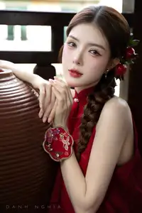 Captivating Asian Girl in Red: Serene Lotus & Rustic Wooden Stairs Scene-6