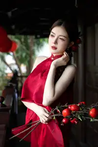 Captivating Asian Girl in Red: Serene Lotus & Rustic Wooden Stairs Scene-7