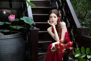 Captivating Asian Girl in Red: Serene Lotus & Rustic Wooden Stairs Scene-4