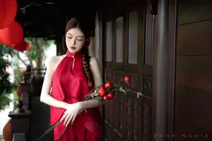 Captivating Asian Girl in Red: Serene Lotus & Rustic Wooden Stairs Scene-2