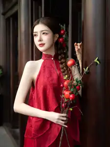 Captivating Asian Girl in Red: Serene Lotus & Rustic Wooden Stairs Scene-1