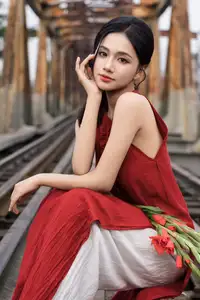 Gentle Vietnamese Girl in Red by Old Railway Bridge: Elegant Asian Beauty-7