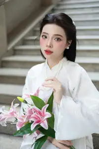Serene Vietnamese Beauty: A Gentle Muse in White with Pink Lilies-0