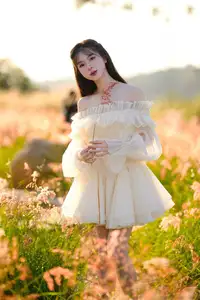 Golden Hour Dream: Ethereal Beauty in White Amidst a Blooming Field-0