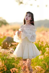 Golden Hour Dream: Ethereal Beauty in White Amidst a Blooming Field-7