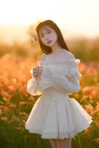 Golden Hour Dream: Ethereal Beauty in White Amidst a Blooming Field-2