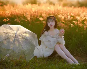 Golden Hour Dream: Ethereal Beauty in White Amidst a Blooming Field-15
