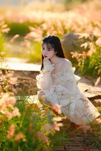 Golden Hour Dream: Ethereal Beauty in White Amidst a Blooming Field-10