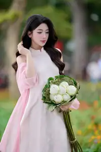 VGU No171: Vietnamese Beauty Graces a Flower Garden in Elegant Pink Ao Dai and Conical Hat-14