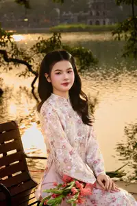 Vietnamese Ao Dai Beauty by the Lake at Sunset: Graceful Girl with Vibrant Gladiolus Flowers.-6