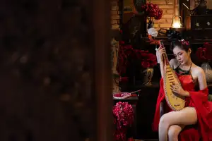 Alluring Asian Beauty with Pipa: Elegant in Traditional Red Attire-2