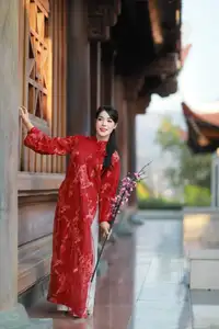 Elegant Red Ao Dai: Vietnamese Beauty with Cherry Blossoms in Ancient Architecture-0