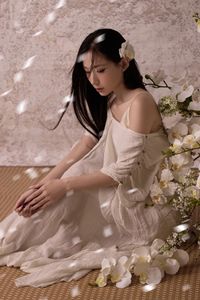 Ethereal Asian Beauty: Woman in Straw Hat with White Flowers-4