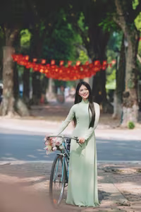 XVG No.48: Vietnamese Ao Dai Beauty Graceful Girl with Flowers and Bicycle on Historic Street-11
