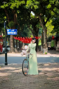 XVG No.48: Vietnamese Ao Dai Beauty Graceful Girl with Flowers and Bicycle on Historic Street-4