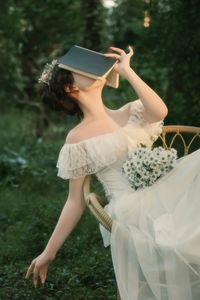 Ethereal Beauty: Girl in White Dress, Flower Crown, Poetic Nature Scene-6