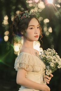 Ethereal Beauty: Girl in White Dress, Flower Crown, Poetic Nature Scene-5