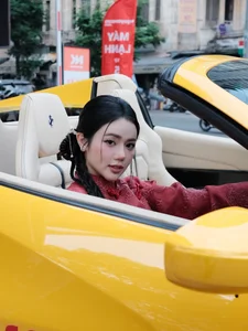 Stunning Red Ao Dai Fashion: TikTok Influencer Bo Chanh Poses with a Luxury Yellow Supercar in Elegant Traditional Vietnamese Style-3