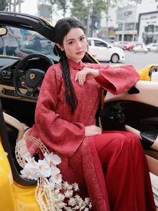 Stunning Red Ao Dai Fashion: TikTok Influencer Bo Chanh Poses with a Luxury Yellow Supercar in Elegant Traditional Vietnamese Style-2