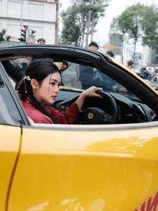 Stunning Red Ao Dai Fashion: TikTok Influencer Bo Chanh Poses with a Luxury Yellow Supercar in Elegant Traditional Vietnamese Style-5