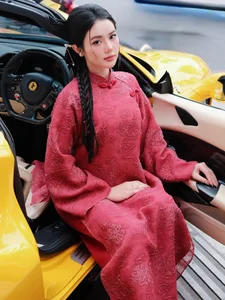 Stunning Red Ao Dai Fashion: TikTok Influencer Bo Chanh Poses with a Luxury Yellow Supercar in Elegant Traditional Vietnamese Style-8