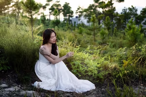 VGU No.134: Enchanting White Dress Muse in Pine Forest: Capturing Natural Beauty and Romantic Golden Hour Moments-3
