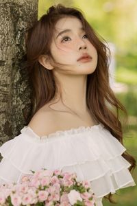 Gentle Beauty: Girl in Pristine White Dress with Pink Rose Bouquet Amidst Nature, Elegant Summer Style 1000019683-6