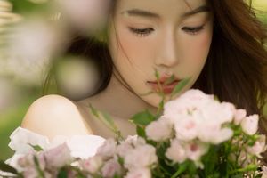 Gentle Beauty: Girl in Pristine White Dress with Pink Rose Bouquet Amidst Nature, Elegant Summer Style 1000019683-1