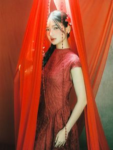 East Asian Grace: Elegant Model in Red Dress, Artistic Pose-14