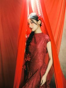 East Asian Grace: Elegant Model in Red Dress, Artistic Pose-10