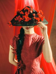 East Asian Grace: Elegant Model in Red Dress, Artistic Pose-2