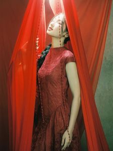 East Asian Grace: Elegant Model in Red Dress, Artistic Pose-11