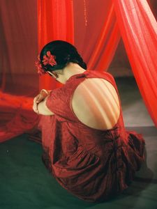East Asian Grace: Elegant Model in Red Dress, Artistic Pose-3