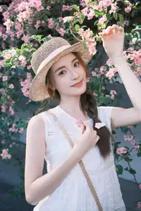VGU No.174: Youthful Charm of a Girl in a Straw Hat Amidst Blooming Pink Flowers Under Summer Sun-6