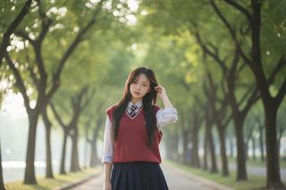 Innocent Female Student in School Uniform, Youthful Beauty on Tree-Lined Path-4
