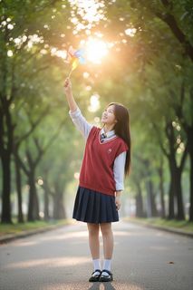 Innocent Female Student in School Uniform, Youthful Beauty on Tree-Lined Path-0