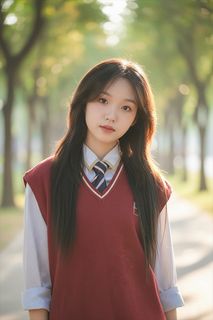 Innocent Female Student in School Uniform, Youthful Beauty on Tree-Lined Path-3